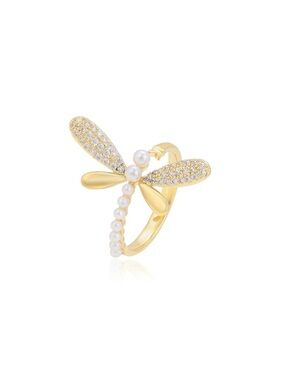 Dragonfly Ring Adjustable 14k Gold Plated CZ Stone | Statement Ring